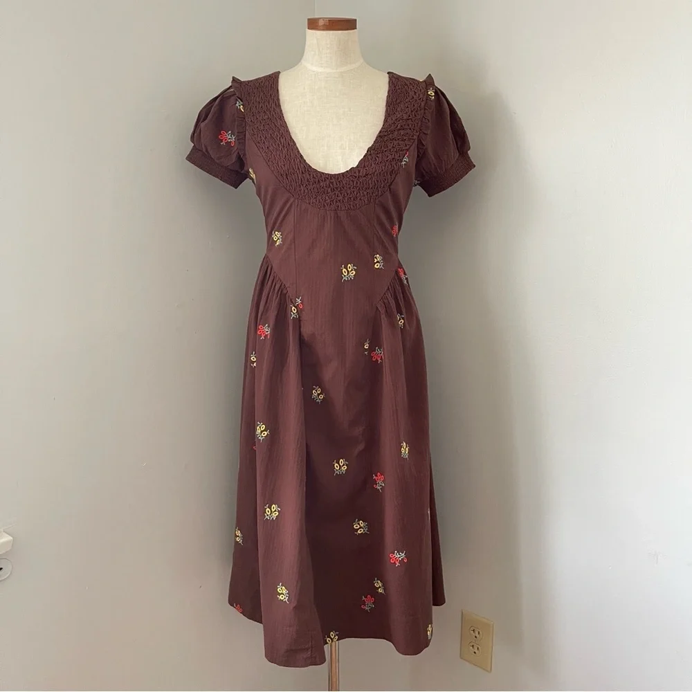 Prairie Core Free People Brown Maisie midi dress NWOT size Small embroidered